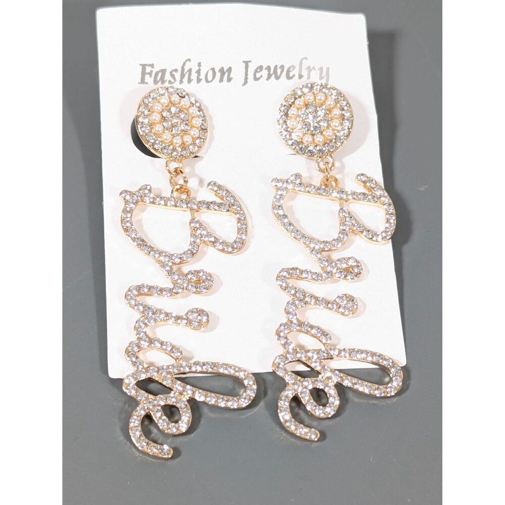 Gold Tone Rhinestone Bride Dangle Earrings Faux Pearl Pave‎ Long